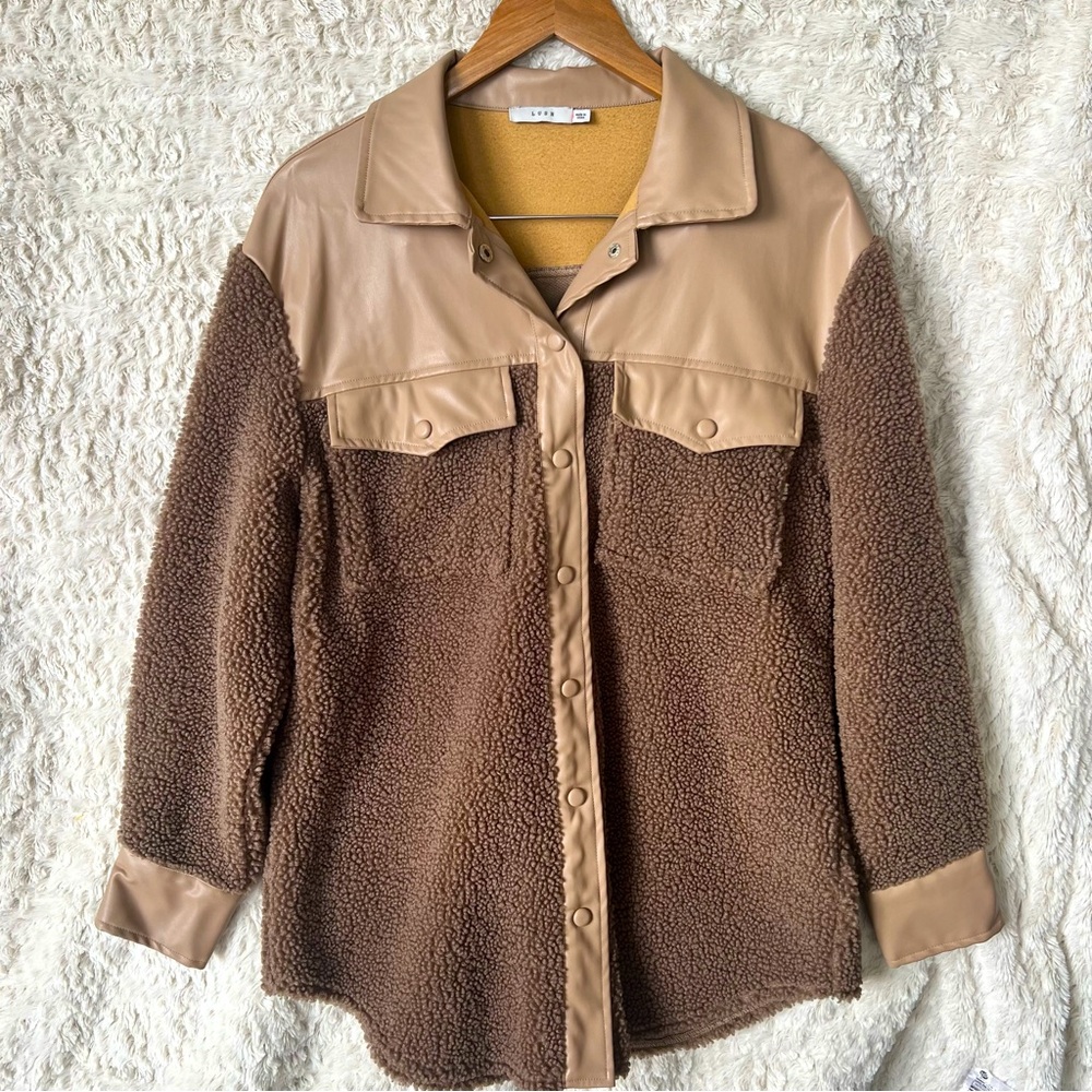 All in Favor Lush Faux Leather Shearling Shacket S Tan Brown Jacket Top Western